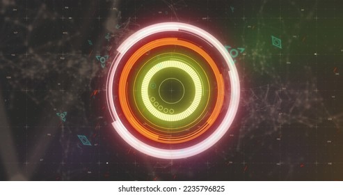 Image of scope scanning and qr code security data processing on black background. Digital interface global connection and communication concept digitally generated image.