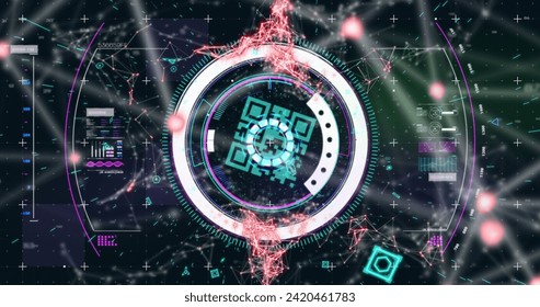 Image of scope scanning and qr code online security with network of connections in background. Digital interface global connection and communication concept digitally generated image. - Powered by Shutterstock - Get 15% off with code: PIKWIZARD15