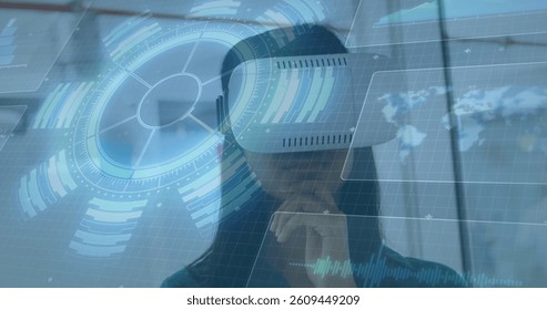 Image of scope scanning and screen with world map over woman wearing vr headset. global data processing, communication and global technology concept digitally generated image.