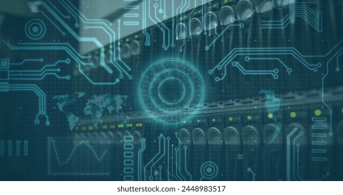 Image of scope scanning, world map and computer elements over computer server. global connection, technology and digital interface concept digitally generated image.
