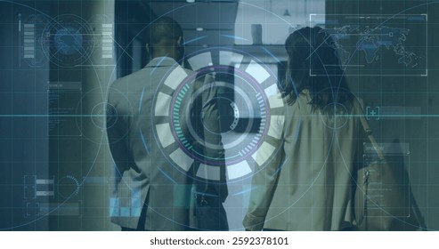 Image of scope scanning and world map with data over diverse colleagues walking in office. Business and digital interface concept digitally generated image.