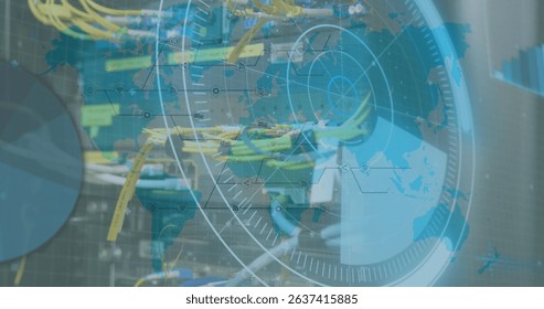 Image of scope scanning and world map over server room. Global business, computing and digital interface concept digitally generated image.
