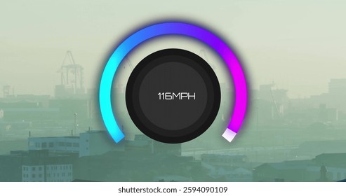 Image of scope with speedometer data processing over cityscape. Global finance, business, connections, computing and data processing concept digitally generated image. - Powered by Shutterstock - Get 15% off with code: PIKWIZARD15