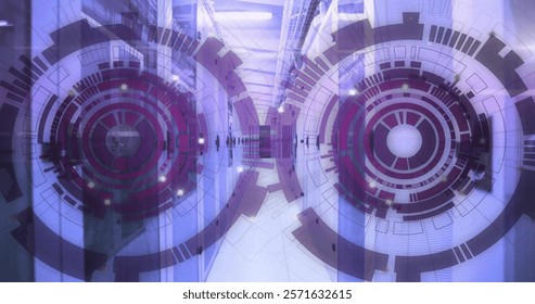 Image of scopes with data processing over computer servers. Global finance, business, connections, computing and data processing concept digitally generated image.