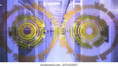 Image of scopes with data processing over computer servers. Global finance, business, connections, computing and data processing concept digitally generated image.