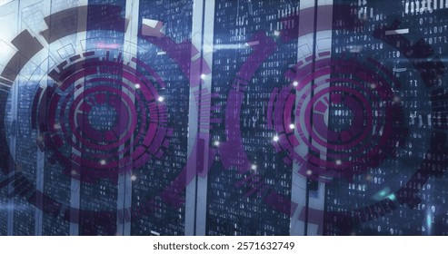 Image of scopes with data processing over computer servers. Global finance, business, connections, computing and data processing concept digitally generated image.