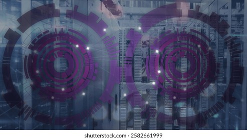 Image of scopes and data processing over dark background. Global finance, business, connections, computing and data processing concept digitally generated image.