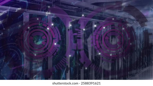 Image of scopes and data processing over computer servers. Global connections, computing and data processing concept digitally generated image.