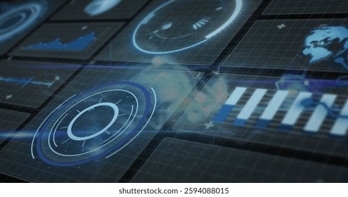 Image of scopes and digital data processing over screens. Global cyber security, connections, computing and data processing concept digitally generated image