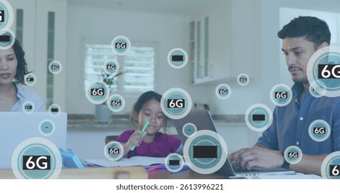 Image of scopes scanning and 6g text over man and woman using laptops at home. global connections, business and data processing concept digitally generated image.