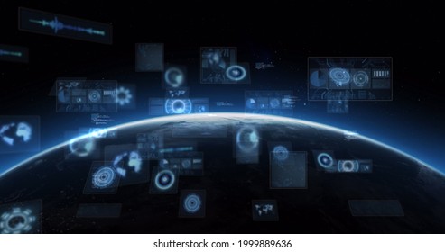 Image Of Scopes Scanning And Data Processing On Screens Over Globe With Glowing Horizon. Global Connection And Digital Interface Concept Digitally Generated Image.