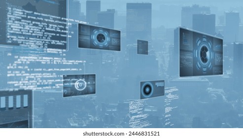 Image of scopes scanning and data processing over cityscape. Global computing, connections, communication and data processing concept digitally generated image.