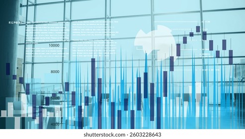 Image of scopes scanning and data processing over pedestrians and modern building. global technology, digital interface and data processing concept digitally generated image.