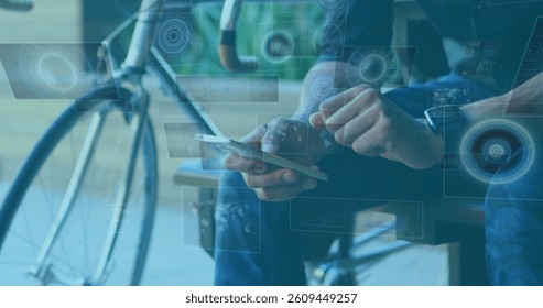 Image of scopes scanning and data processing on screens over man using smartphone. global connection, technology and digital interface concept digitally generated image.