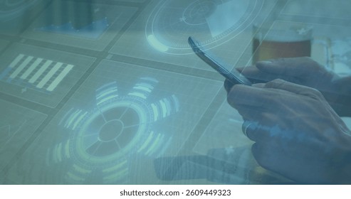 Image of scopes scanning and data processing on screens over person using smartphone. global connections, technology and digital interface concept digitally generated image.