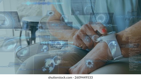 Image of scopes scanning and data processing on screens over woman checking smartwatch. global connections, technology and digital interface concept digitally generated image.