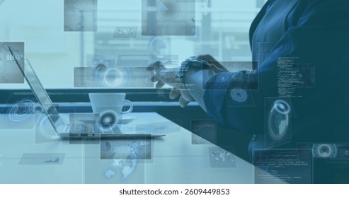 Image of scopes scanning and data processing on screens over man using laptop and smartwatch. global connections, technology and digital interface concept digitally generated image.