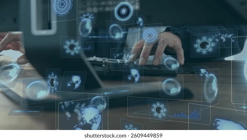 Image of scopes scanning and data processing on screens over man using computer. global connections, technology and digital interface concept digitally generated image.