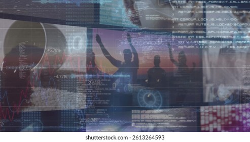 Image of scopes scanning and data processing on screens. global connections, data processing and digital interface concept digitally generated image.