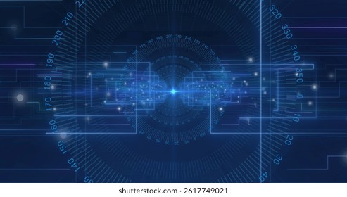 Image of scopes scanning and data processing with binary coding on blue background. global data processing, digital interface and computing concept digitally generated image.