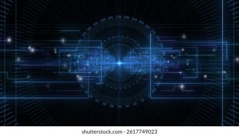Image of scopes scanning and data processing with binary coding on black background. global data processing, digital interface and computing concept digitally generated image.