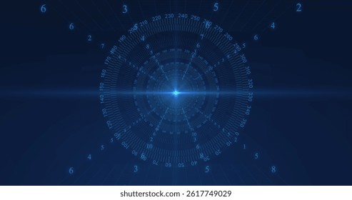 Image of scopes scanning and data processing with binary coding on blue background. global data processing, digital interface and computing concept digitally generated image.
