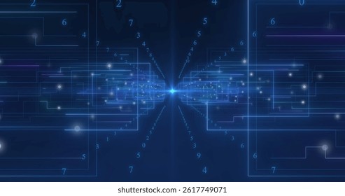 Image of scopes scanning and data processing with binary coding on blue background. global data processing, digital interface and computing concept digitally generated image.