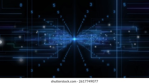 Image of scopes scanning and data processing with binary coding on black background. global data processing, digital interface and computing concept digitally generated image.