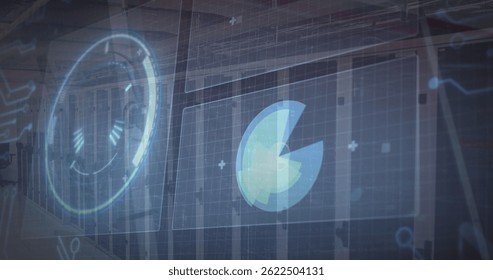 Image of scopes scanning and data processing over computer servers. global data processing, business and finance concept digitally generated image.