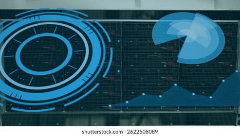Image of scopes scanning and data processing over cables in computer server in background. global computing, connections and data processing concept digitally generated image.