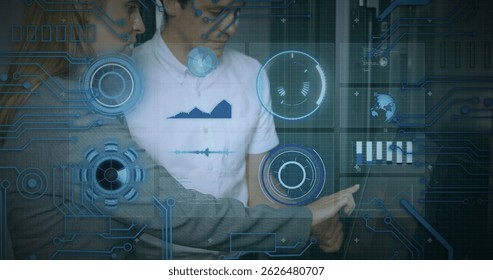 Image of scopes scanning, data processing over caucasian it man and woman fixing computer server. global computing and data processing concept digitally generated image.