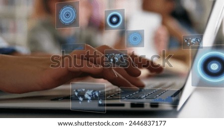 Image of scopes scanning and data processing over woman using laptop. Global computing, connections, communication and data processing concept digitally generated image.
