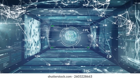 Image of scopes scanning with globe of connections and data processing on digital screen. global technology, digital interface and data processing concept digitally generated image.