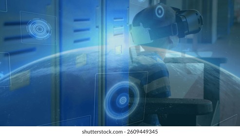 Image of scopes scanning and globe over schoolboy wearing vr headset. global data processing, communication and global technology concept digitally generated image.