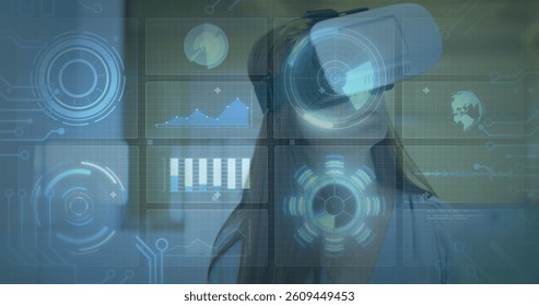 Image of scopes scanning on screens and data processing over woman wearing vr headset. global data processing, communication and global technology concept digitally generated image.