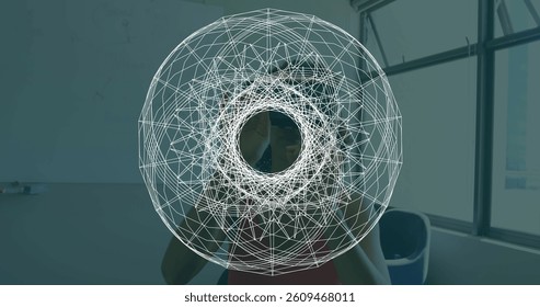 Image of scopes scanning over businesswoman wearing vr headset. global science, digital interface, technology and networking concept digitally generated image.