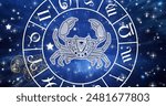 Image of scorpio star sign in zodiac wheel on starry night sky. Horoscope, zodiac, star signs and astrology concept digitally generated image.