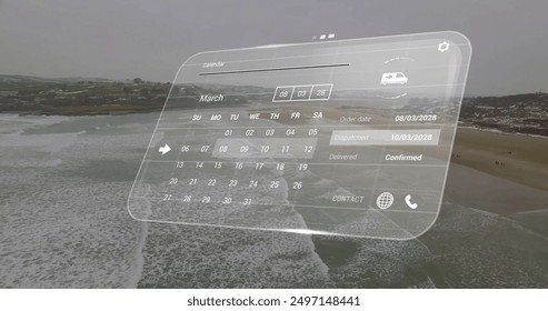Image of screen with data processing over seascape. Global connections, computing and data processing concept digitally generated image.