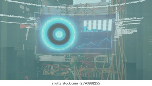 Image of screen with data processing over computer server. Global cyber security, business, connections, computing and data processing concept digitally generated image.