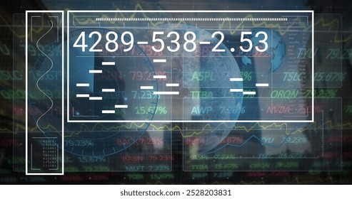 Image of screen with glitch gifts and chains interface with code and chains. Global business finances connections and digital interface concept digitally generated image.