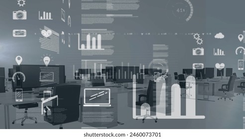Image of screens with data processing against empty office. Computer interface and business data technology concept