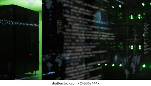 Image of screens with data processing against computer server room. Computer interface and business data storage technology concept