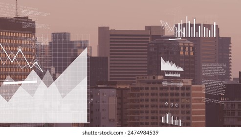 Image of screens with data processing against aerial view of cityscape. Computer interface and business technology concept