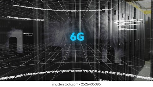 Image of screens with data processing against computer server room. Computer interface and business data storage technology concept