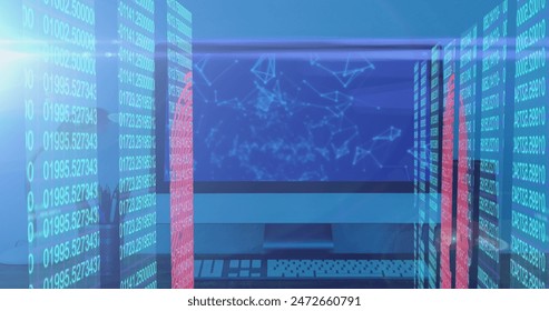 Image of screens with data processing and desktop computer screen with plexus networks. Cyber security and business technology concept