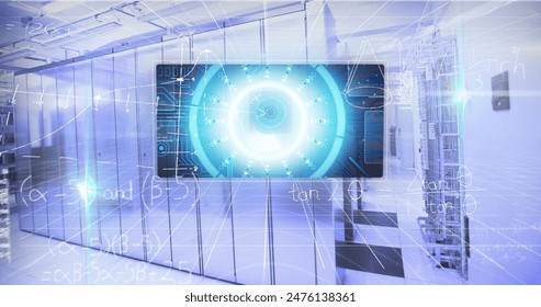 Image of screens with data processing and mathematical equations against computer server room. Computer interface and business data storage technology concept