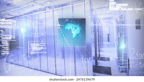 Image of screens with data processing and mathematical equations against computer server room. Computer interface and business data storage technology concept