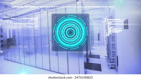 Image of screens with data processing and mathematical equations against computer server room. Computer interface and business data storage technology concept