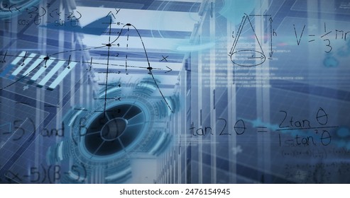 Image of screens with data processing and mathematical equations against computer server room. Computer interface and business data storage technology concept