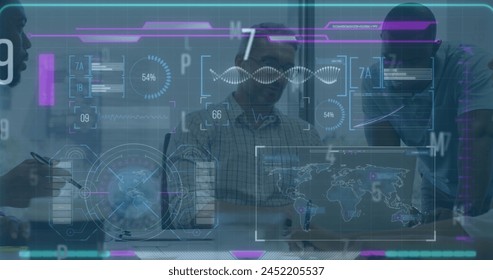 Image of screens with data processing over red body. Global communication business security digital interface and technology concept digitally generated image.